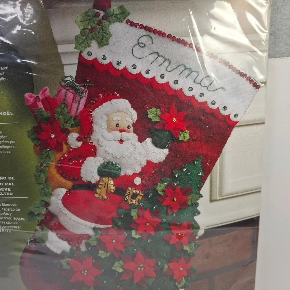 Bucilla Santa Poinsettia Tree Felt Stocking Kit 18 Inch Xmas Beads Sequins New